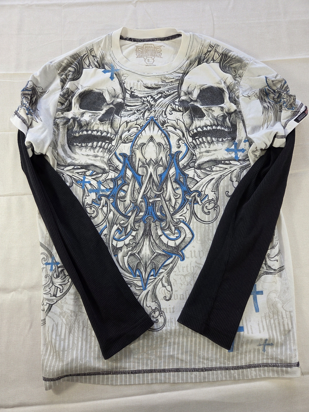 MMA Elite Skull Cross Graphic Layered Thermal T Shirt Mens Large